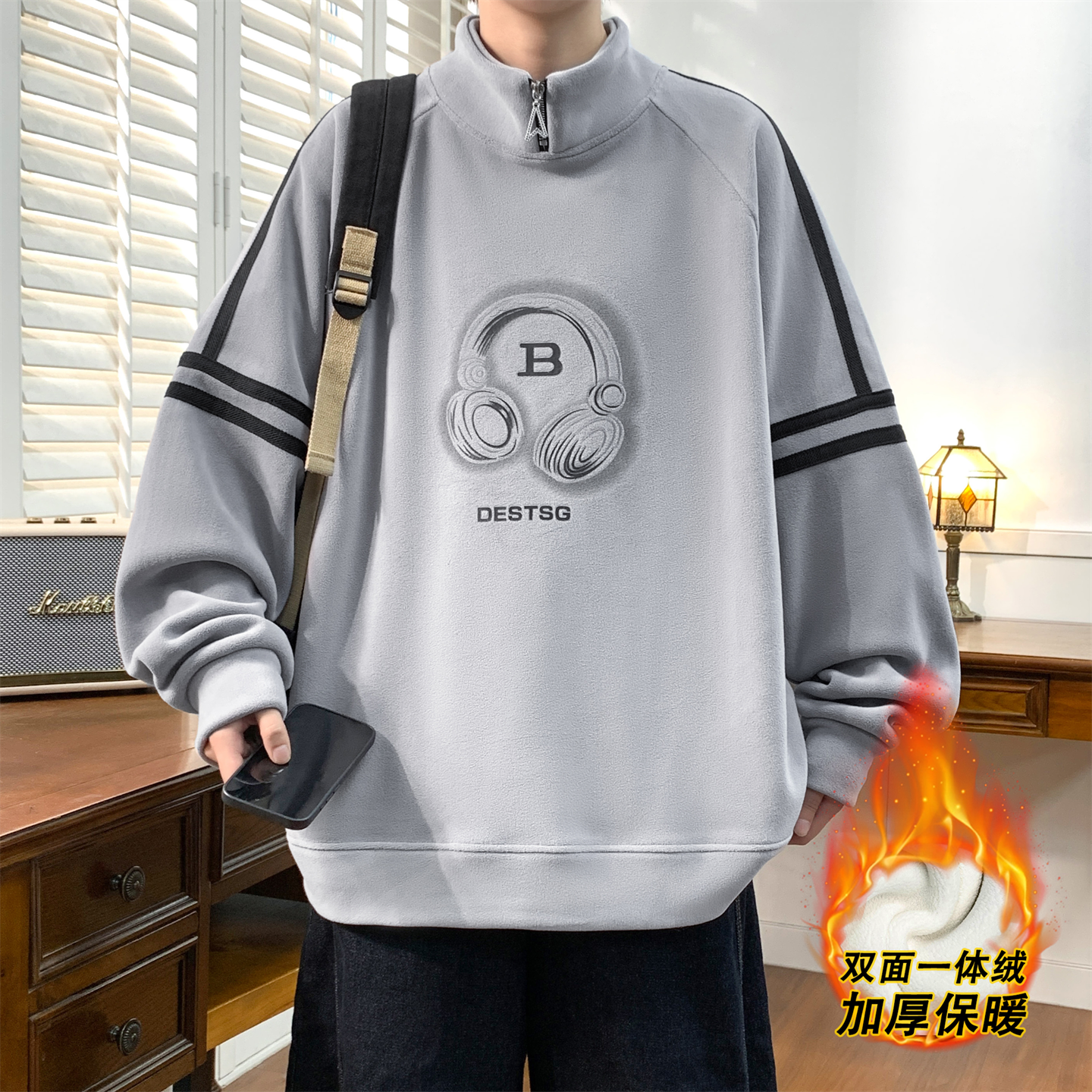 秋冬季新款半高领卫衣男生青少年加绒加厚大童宽松保暖休闲上衣服