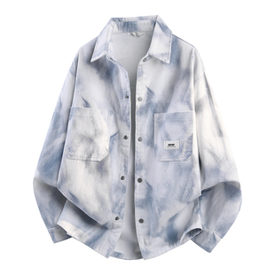 牛仔外套男孩春秋季新款青少年帅气中学生扎染夹克衬衫男装士潮流