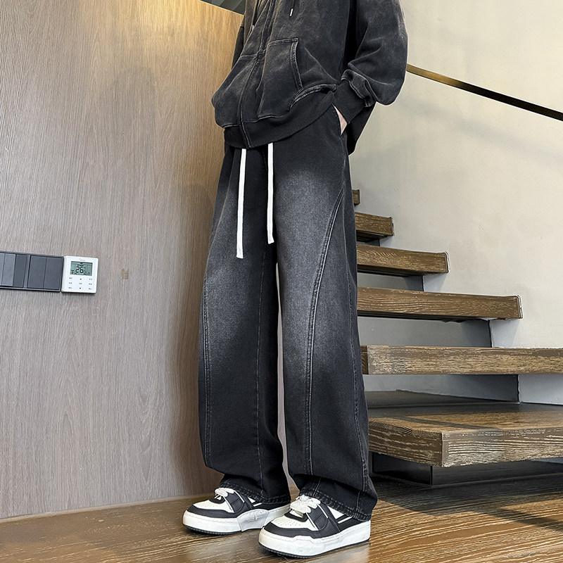 牛仔长裤子男生春秋季新款青少年美式宽松阔腿弯刀休闲裤男装士潮