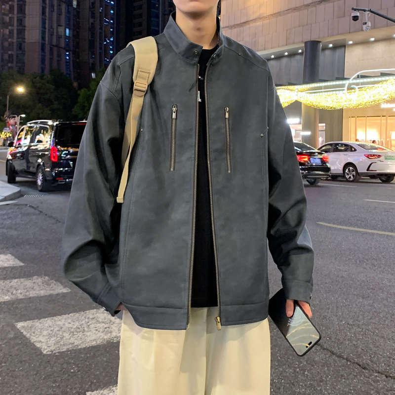 美式立领皮衣外套男生春秋季新款青少年宽松防风帅气夹克男装士潮