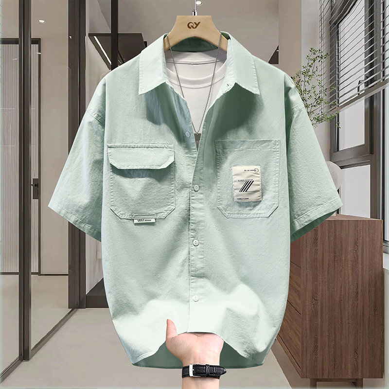 纯棉外套男生夏季薄款青少年短袖衬衫夹克学生宽松衬衣男装士潮流