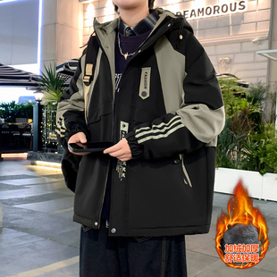 士冲锋衣潮 加绒外套男孩初中学生帅气加厚男装 青少年秋冬季 新款