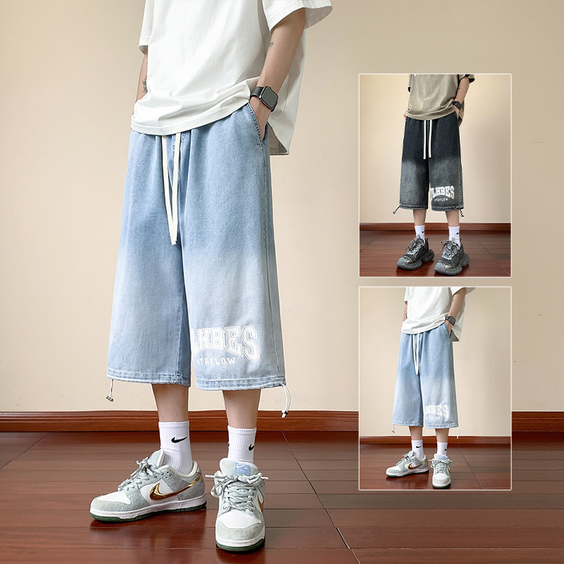 初高中学生14夏季薄款牛仔短裤13岁男孩宽松直筒15大童七分中裤子