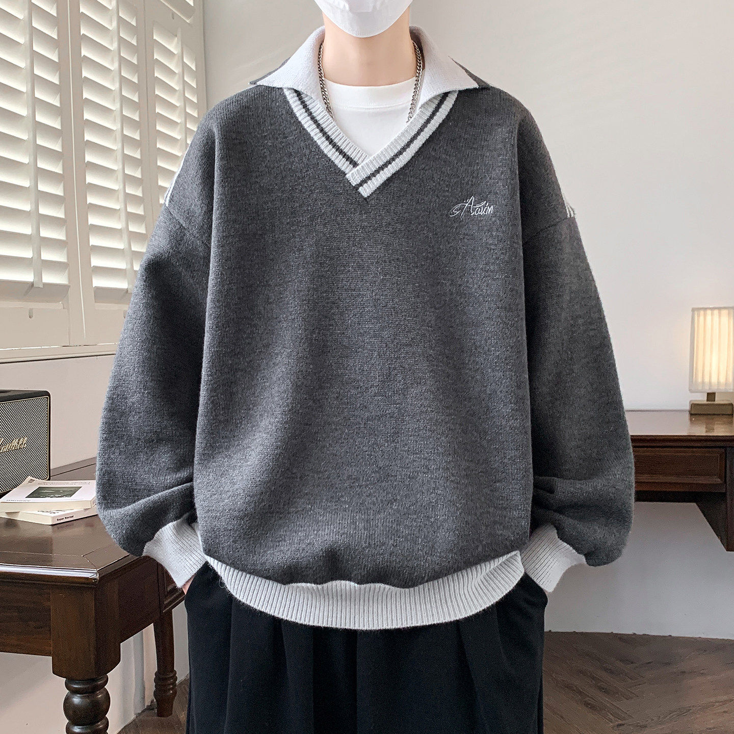 秋冬季青少年假两件翻领毛衣男初高中学生针织衫大童V领刺绣上衣