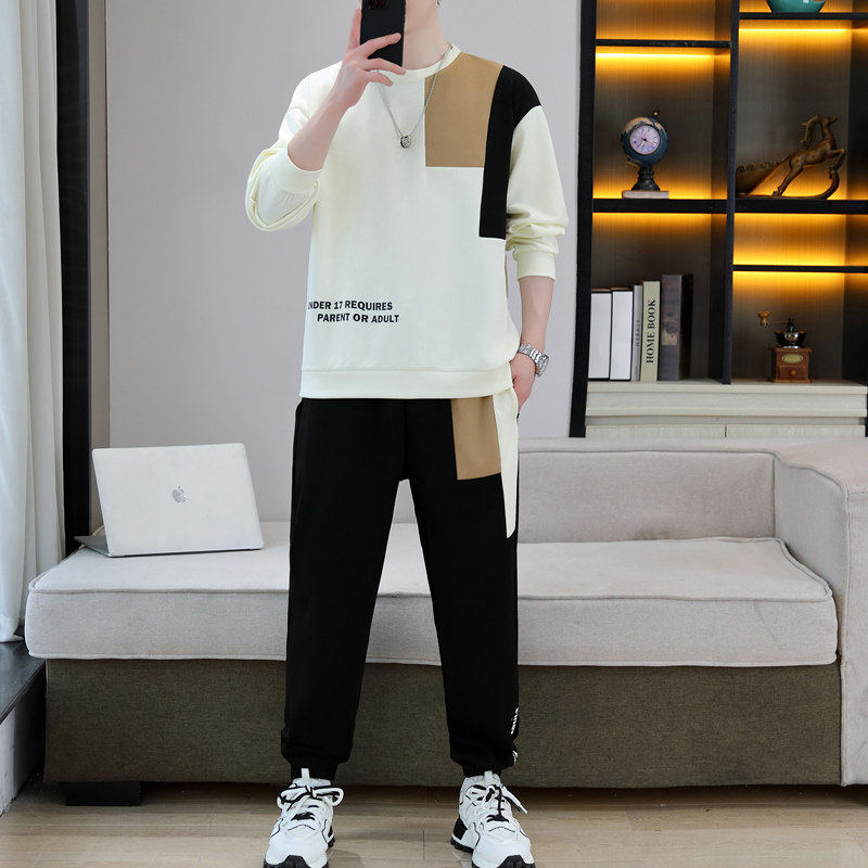 圆领卫衣男生春秋季新款初高中学生青少年帅气长袖t恤套装男装士