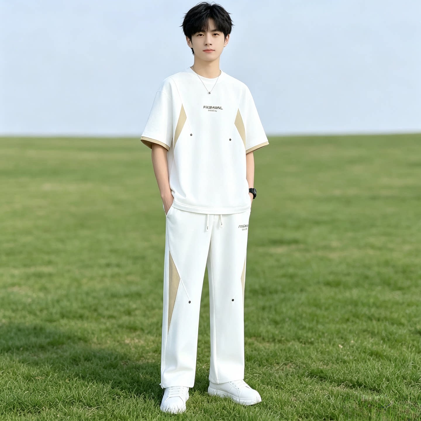 夏季冰丝青少年短袖t恤男2026新款高中初中学生大童潮牌帅气套装