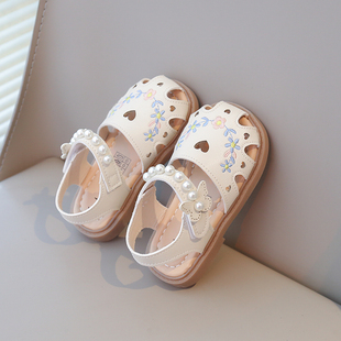 学步鞋 子包头软底防滑女童凉鞋 儿童 可爱花朵珍珠婴儿鞋 2025新款