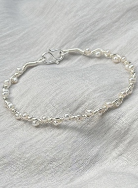 波浪花环珍珠s925纯银手环原创自制设计温柔风百搭绕线女闺蜜礼物