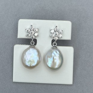 S925纯银 天然稀有异形白色巴洛克珍珠耳环耳钉13.5mm 梅花樱花