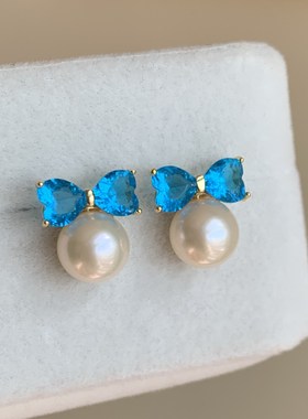 S925纯银镀金 极亮正圆全无暇天然AK珍珠耳环耳钉7.8mm蓝色蝴蝶结