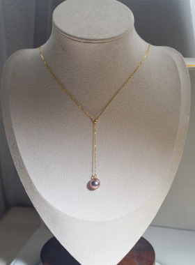 18K黄金链 极光正圆无暇高品质稀有天然紫色珍珠项链Y链款8.3mm