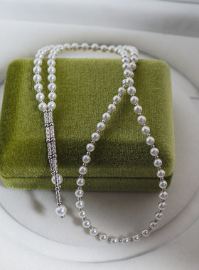 S925银天然白色经典款珍珠项链 Y链设计款磁铁扣设计4.5-6mm 62cm