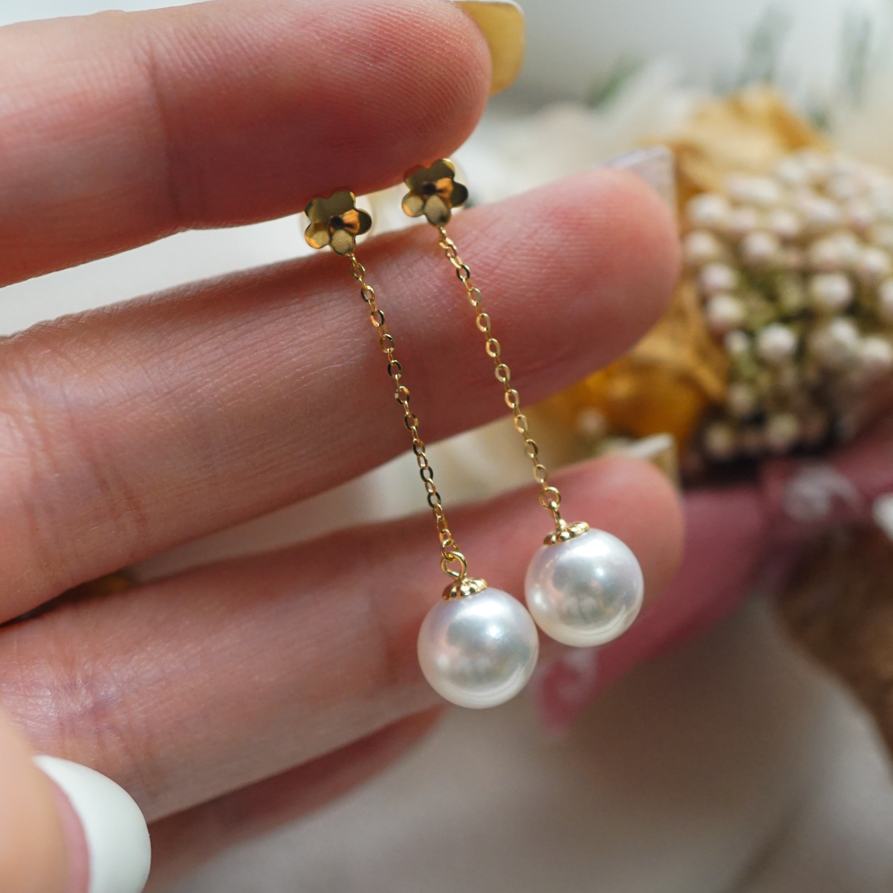 18k 极亮正圆无暇 天然海水akoya珍珠耳环耳线 8mm 小花