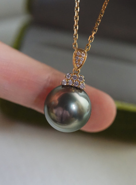 18K 超大巨大镜面极亮孔雀绿色珍珠吊坠 正圆近全无暇 13.5mm