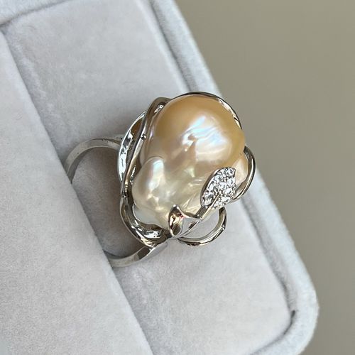 独特丝绸光泽 大颗粒橘色渐变白色天然巴洛克珍珠戒指异形22x18mm