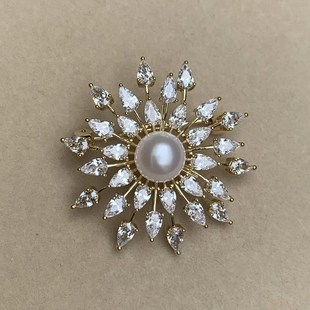超美立体璀璨闪亮 天然白色珍珠胸针胸花9.5mm金色太阳向日葵菊花