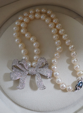 天然白色珍珠项链 蝴蝶结款 正圆近全无暇 8-8.5mm 44cm