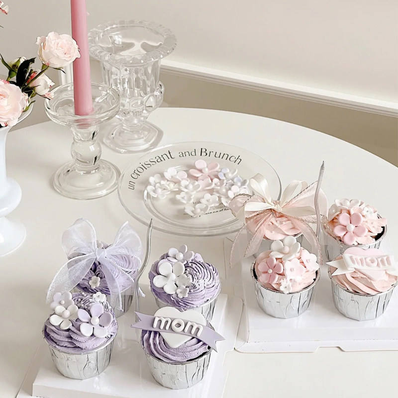 网红母亲节纸杯蛋糕装饰翻糖五瓣花朵仙女妈妈生日快乐甜品台插件
