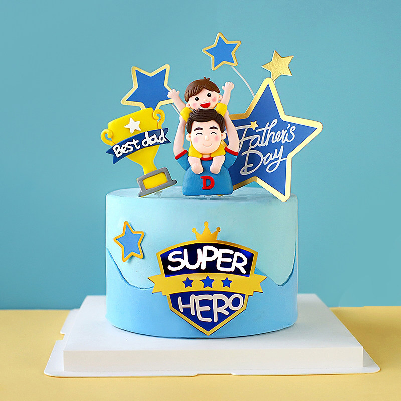 父亲节软陶父子蛋糕装饰摆件爸爸儿子奖杯摆件超级英雄亚克力插件
