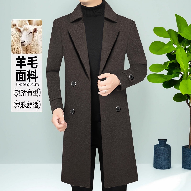 休闲羊毛呢大衣男外套新品长款脱卸内胆秋冬季加厚保暖中年爸爸装