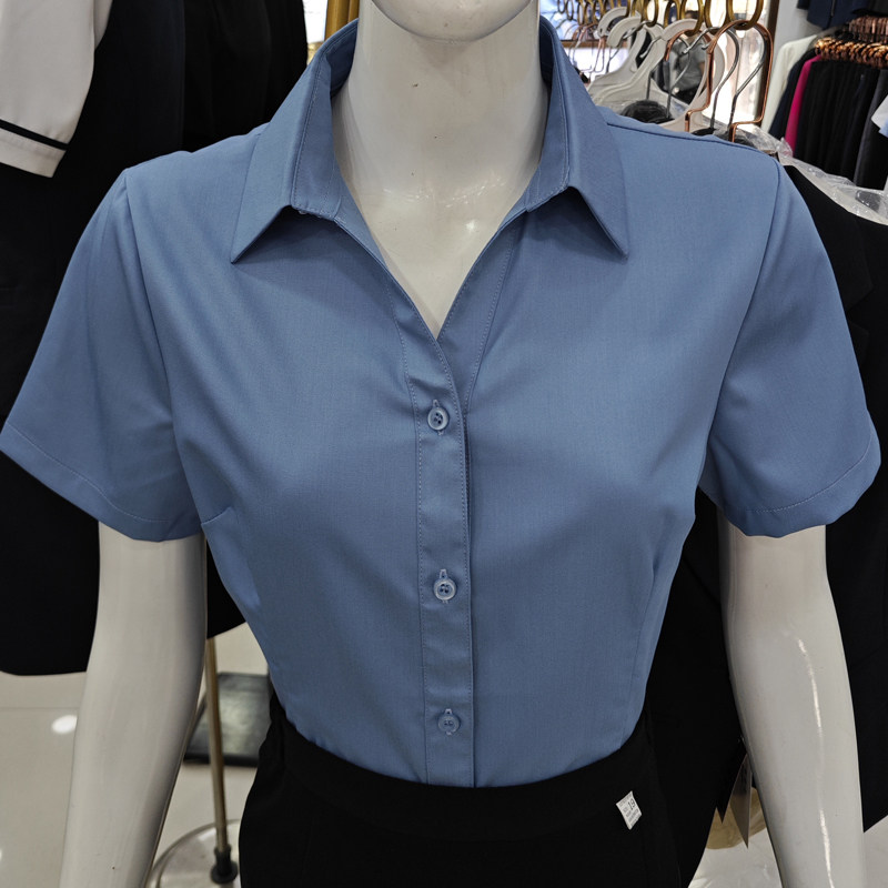 海藻纤维短袖衬衫女职业23夏季新款上班正装白衬衣工作服蓝色V领
