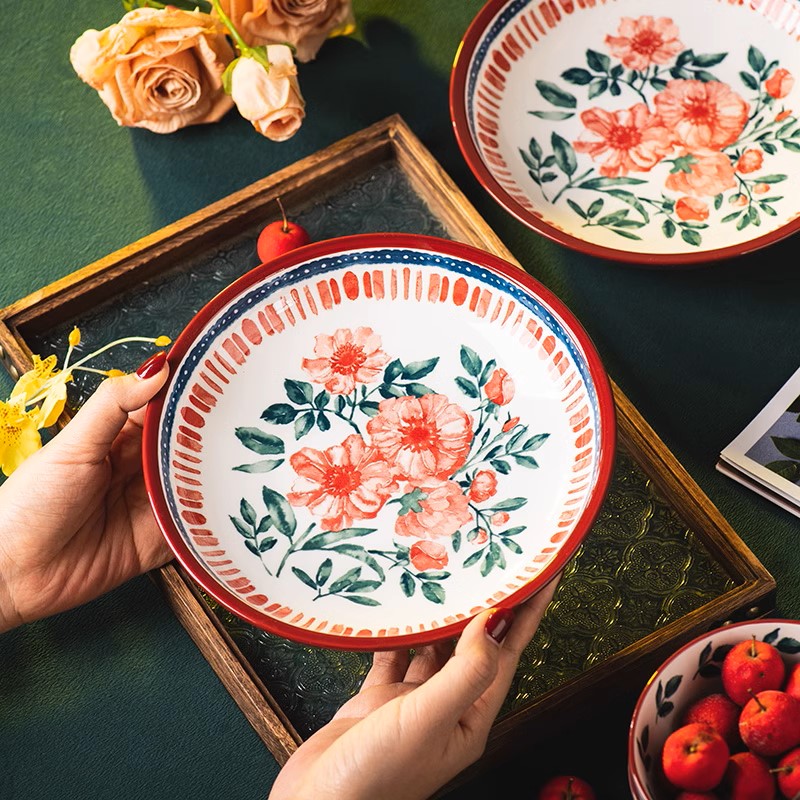 家用陶瓷餐盘珊瑚玫瑰菜盘子汤盘饺子盘复古深盘早餐饭盘 8.5英寸