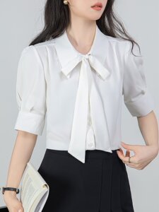 Canary Kiss法式蝴蝶结衬衫女夏季新款短袖职业通勤面试气质上衣