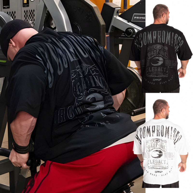 新款潮流短袖健身加大T恤胖子精梳棉五分袖运动宽松美式肌肉半袖