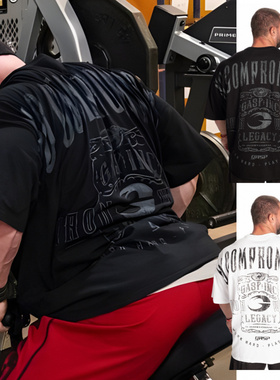 新款潮流短袖健身加大T恤胖子精梳棉五分袖运动宽松美式肌肉半袖