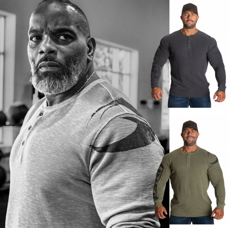 亨利领长袖健身型男秋冬训练打底复古保暖热身运动纽扣华夫格T恤