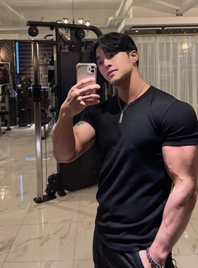 God健身短袖男紧身新款夏季修身圆领半袖薄T恤纯色重磅宽松上衣潮