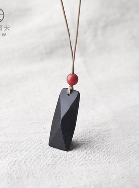 青未原创设计师手作黑檀木菱形项链吊坠毛衣链男女小众饰品礼物