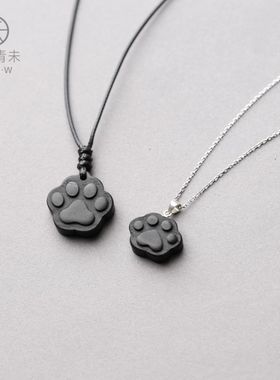 青未原创设计师手作黑檀猫狗脚爪印项链吊坠男女锁骨项坠文艺礼物