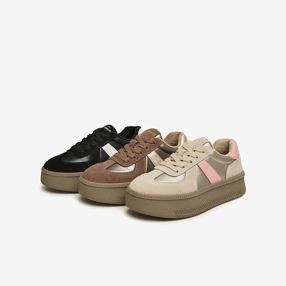 百思图2023冬季新款加绒复古德训鞋厚底女运动休闲面包鞋ND762DM3