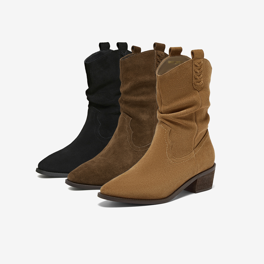 张碧晨同款百思图西部旅人25冬新款西部牛仔堆堆短靴女BP107DZ5