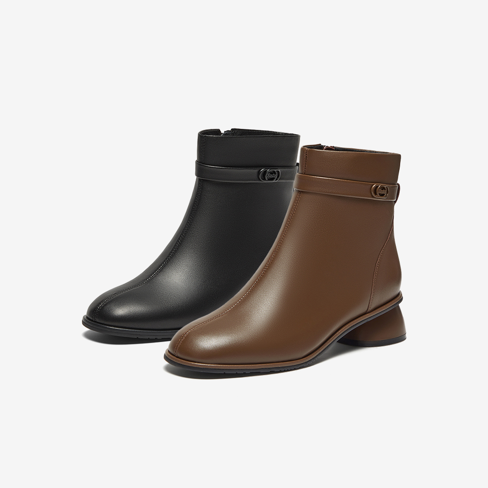 Bata时装靴女2024冬季商场新款羊皮通勤优雅粗跟短筒靴ANV53DD4