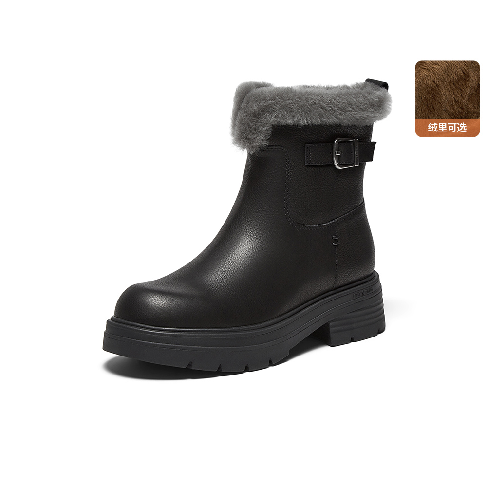 专柜正品Bata雪地靴女2025冬商场新款牛皮保暖毛毛短靴AGC44DD5