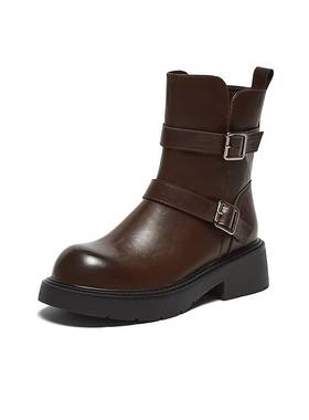 百思图2024冬季商场新款潮流绑带马丁短靴圆头粗跟女皮靴M5209DD4