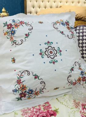 十字绣棉质靠垫套70cm方形（一对）白色刺绣靠枕套精品田园风A305