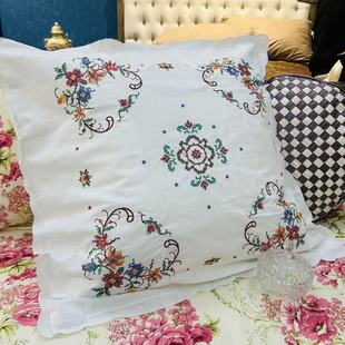 十字绣棉质靠垫套70cm方形 白色刺绣靠枕套精品田园风A305 一对