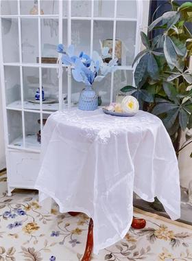 V315 白色潮绣贴布绣方桌布白色麻质130cm方