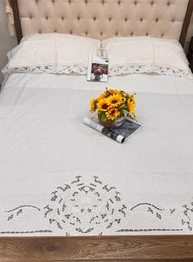 A205  手绣大菊花三件套双人床单+枕套  白色麻质2.5*2.7m 有氧化