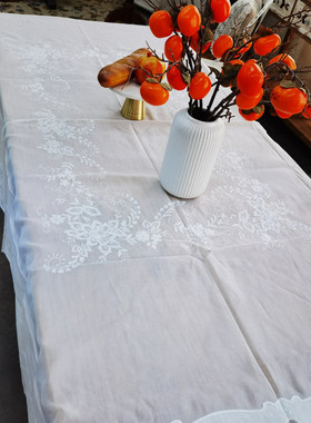V211 潮绣玻璃纱长方桌布1.7*2.6白色麻质微氧化