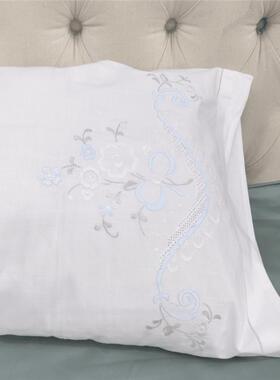 纯棉白色纯手工手绣彩花枕套一对40*70cm外贸原单精品老货A119