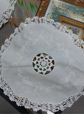 S227 白色绣花钩针花边圆盘垫白色棉质直径23cm（有氧化）4片
