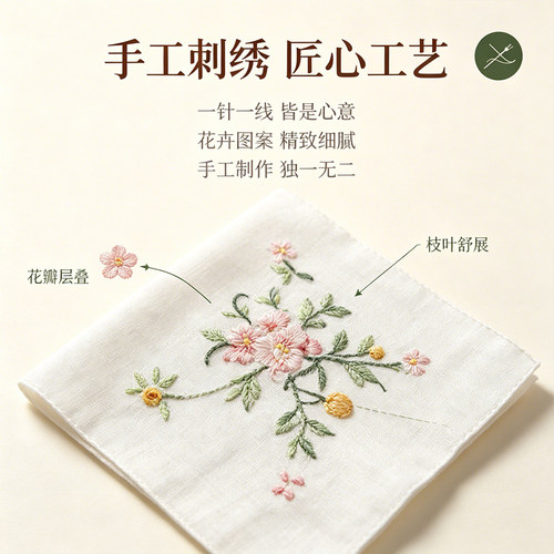 Q205 彩色手绣花手帕白色棉纱28cm方（6条）氧化