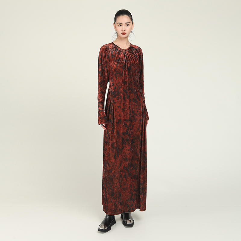 新中式A字型弹力丝绒连衣裙
