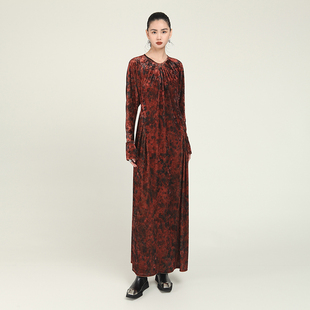 大摆长款 MIAHAN秋季 长袖 女优雅弹力复古丝绒印花蝙蝠袖 连衣裙 新品