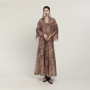 HAN春季 A字型大摆长款 新品 复古度假长袖 连衣裙 宽松新中式 MIA