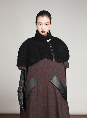 MIAHAN2025冬季新款女时尚百搭保暖暗黑风黑色超短款羊毛披肩斗篷